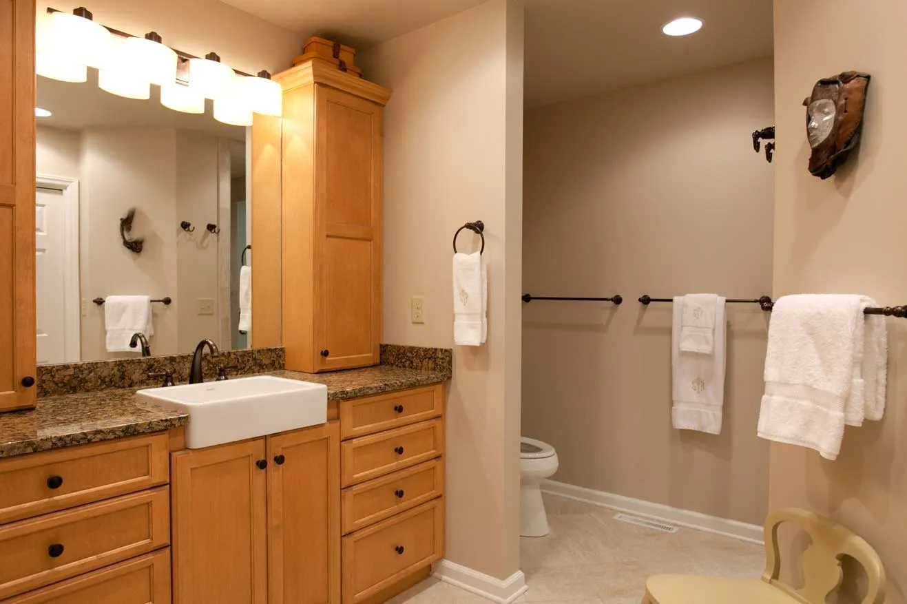 Bathroom with maple vanity, granite top and new lighting