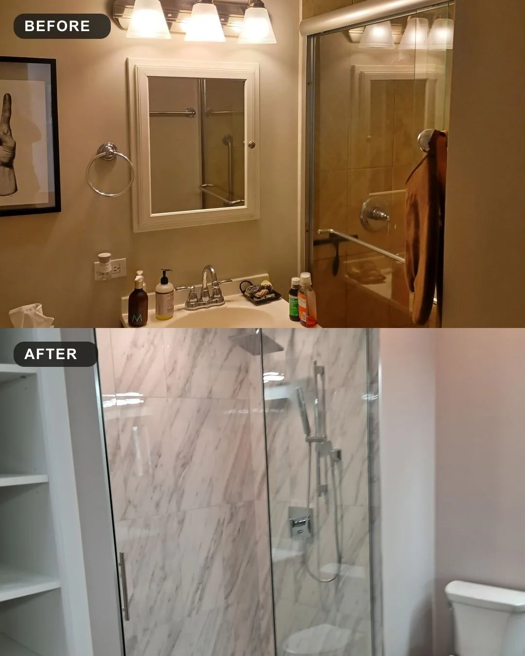 Before and after of a condo bathroom in Old Town, Chicago: brown tile shower above, marble-look tile glass shower below