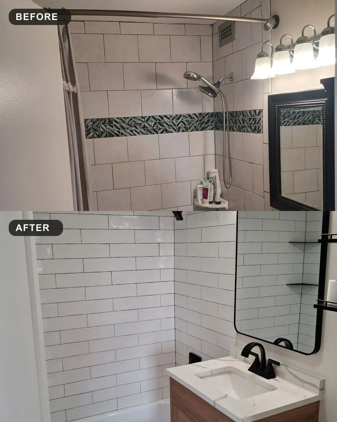 Before and after of a condo bathroom in Old Town, Chicago: beige tile tub-shower above, white subway tile with a black-framed mirror and wood-tone vanity below