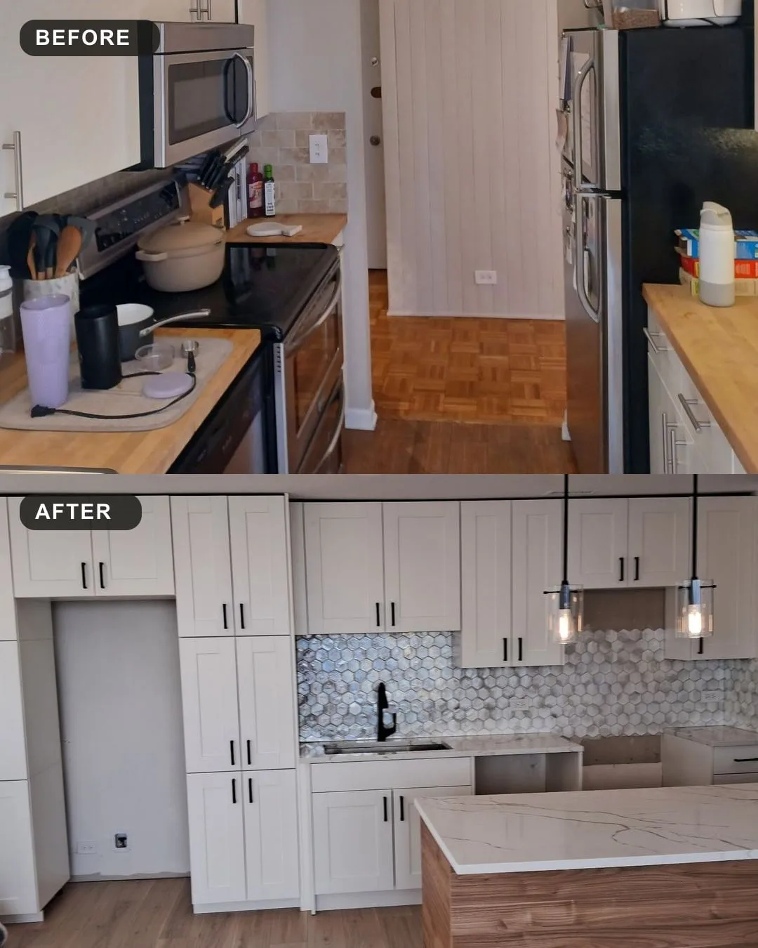 Before and after of a condo kitchen in Old Town, Chicago: older galley kitchen above, new white shaker cabinets with a hexagon backsplash and island below
