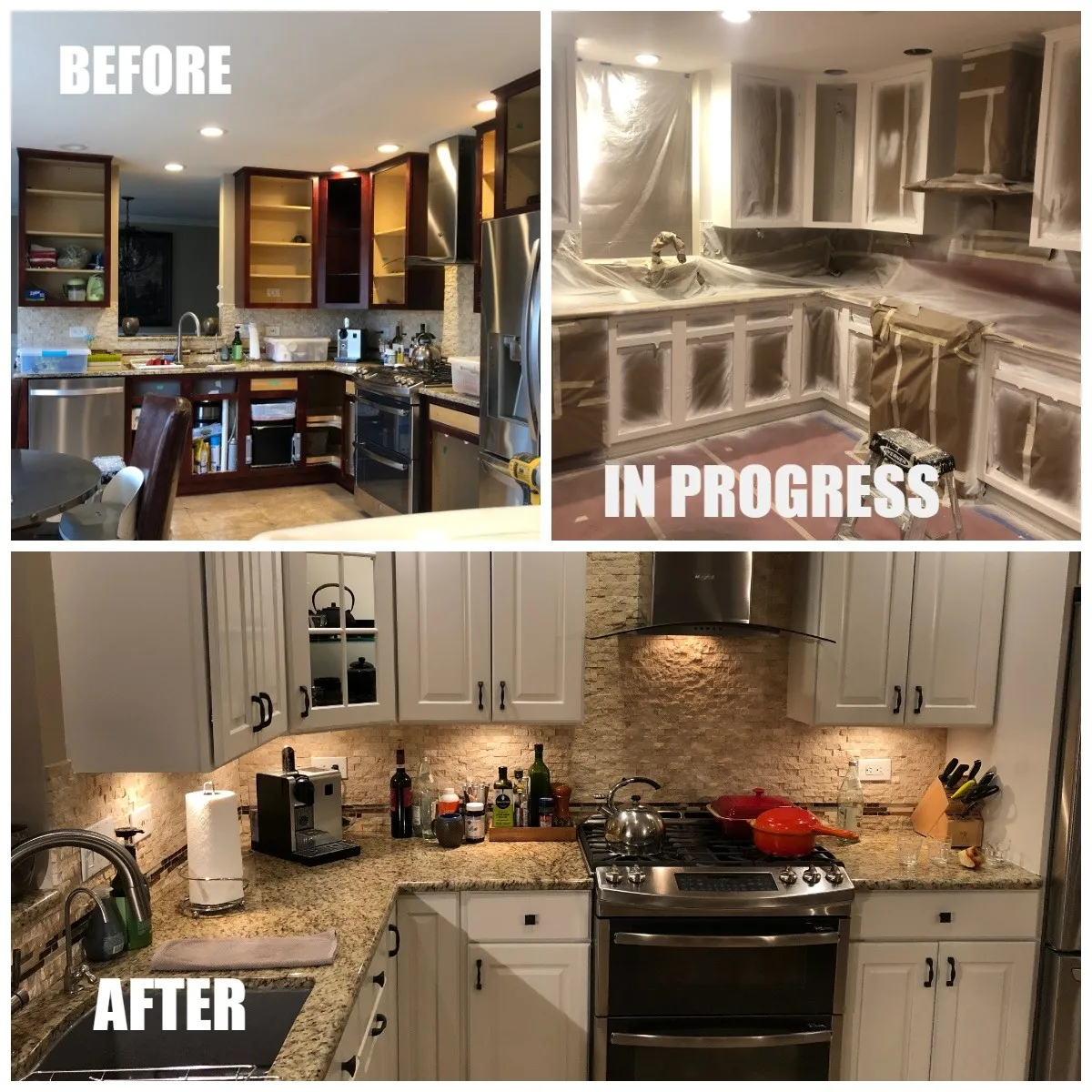 Kitchen before, during and after remodeling with white cabinets and new range