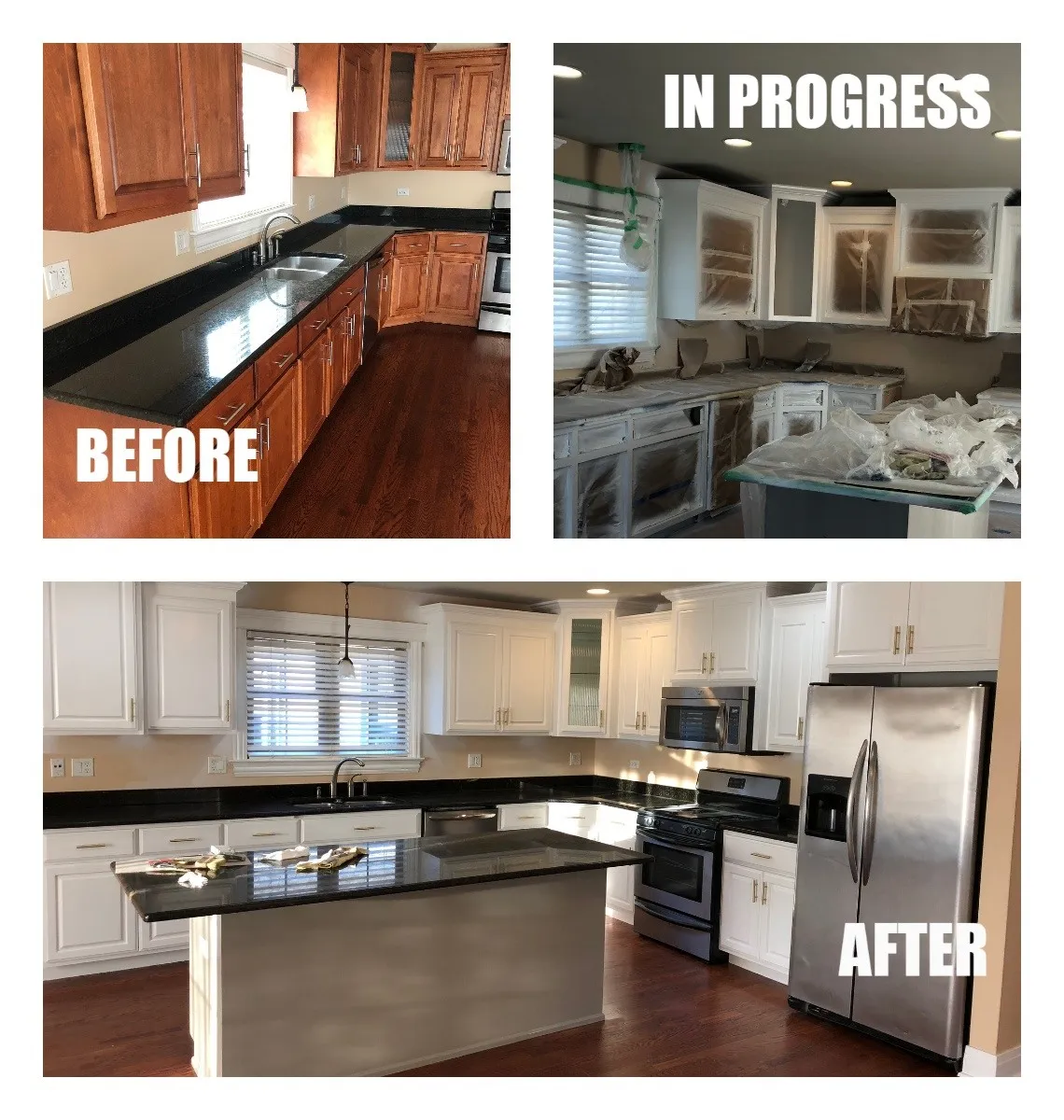 Kitchen before, during and after remodeling with white cabinets and dark counters