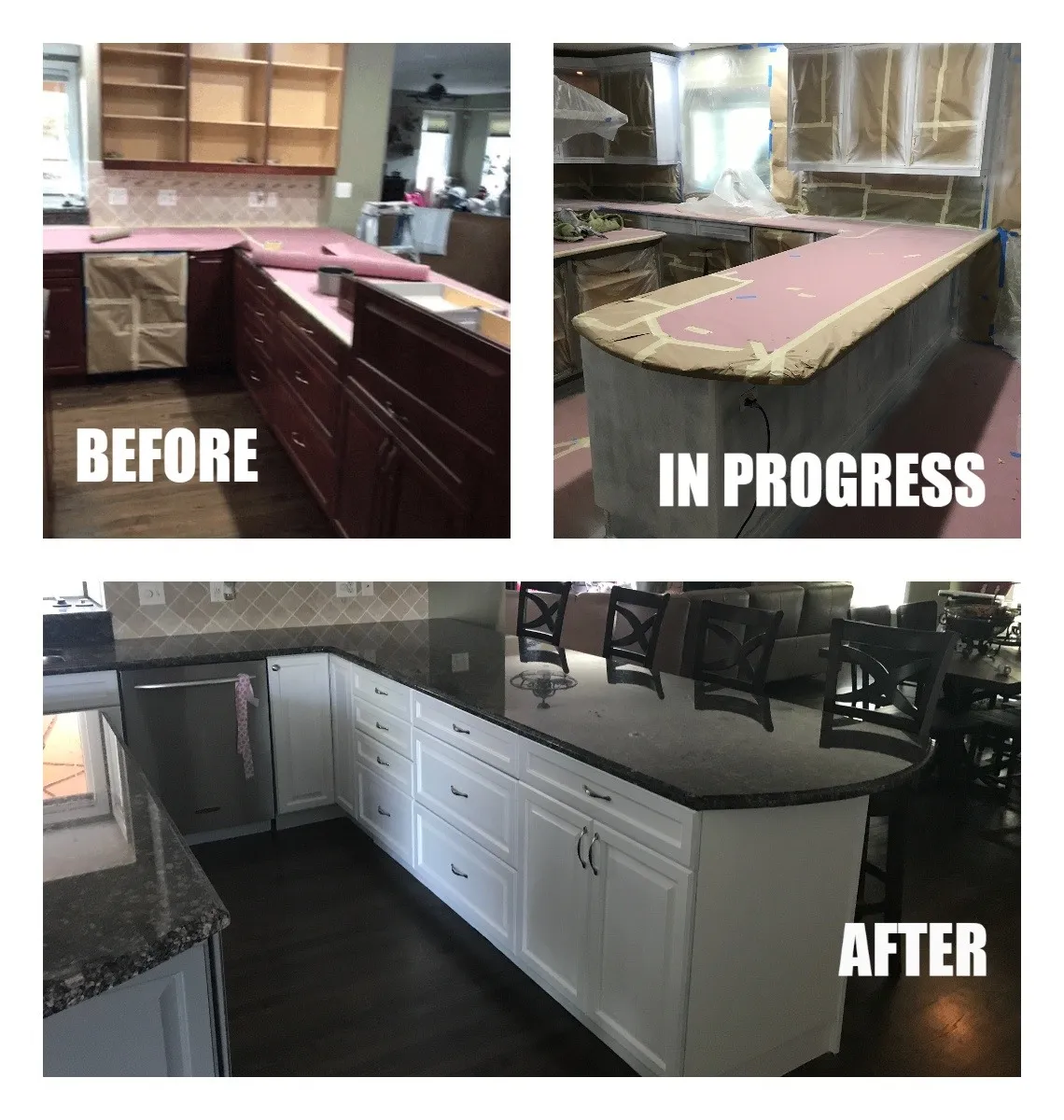 Kitchen before, during and after renovation with white cabinets and dark counters