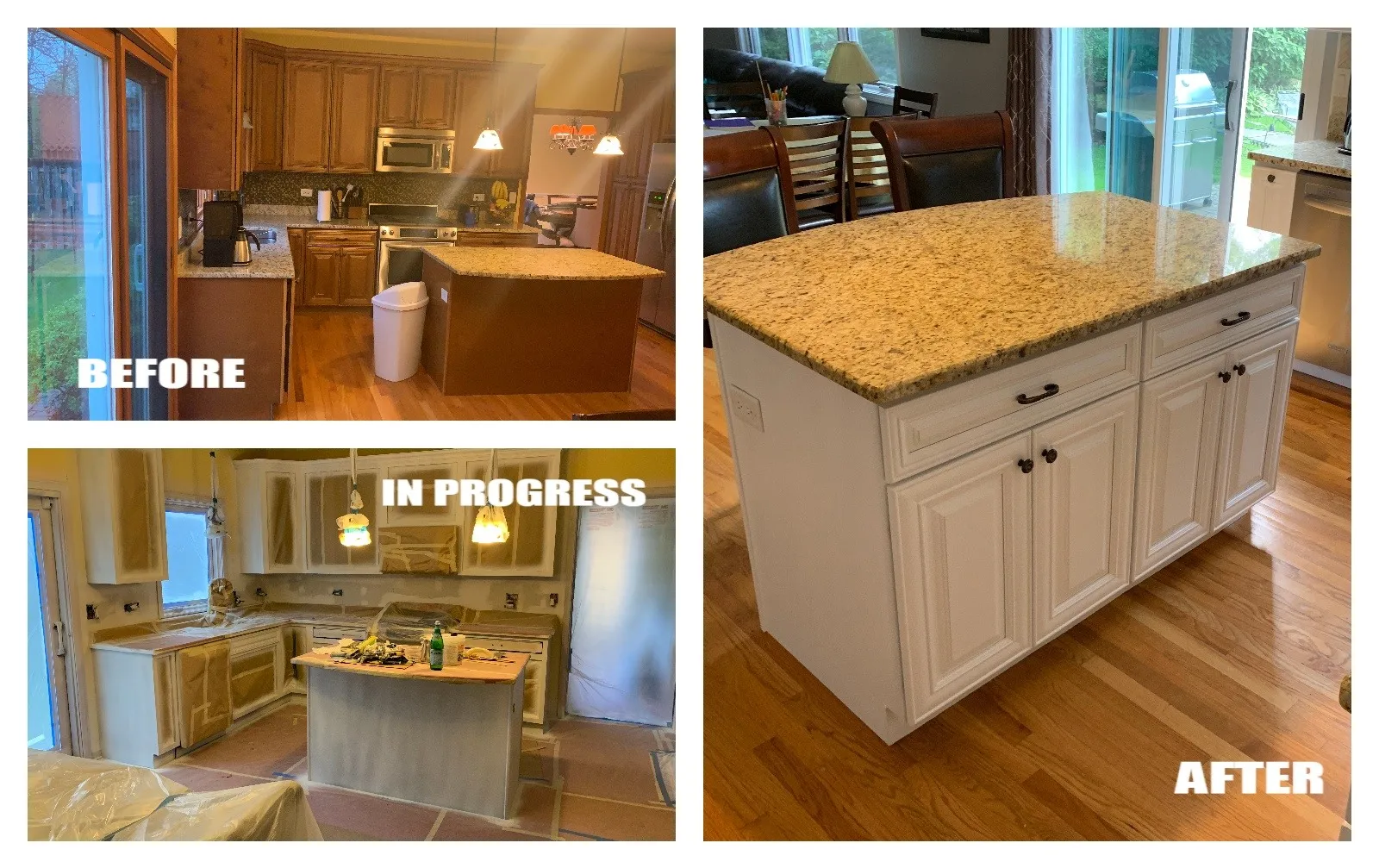 Kitchen before, during and after renovation with a new island