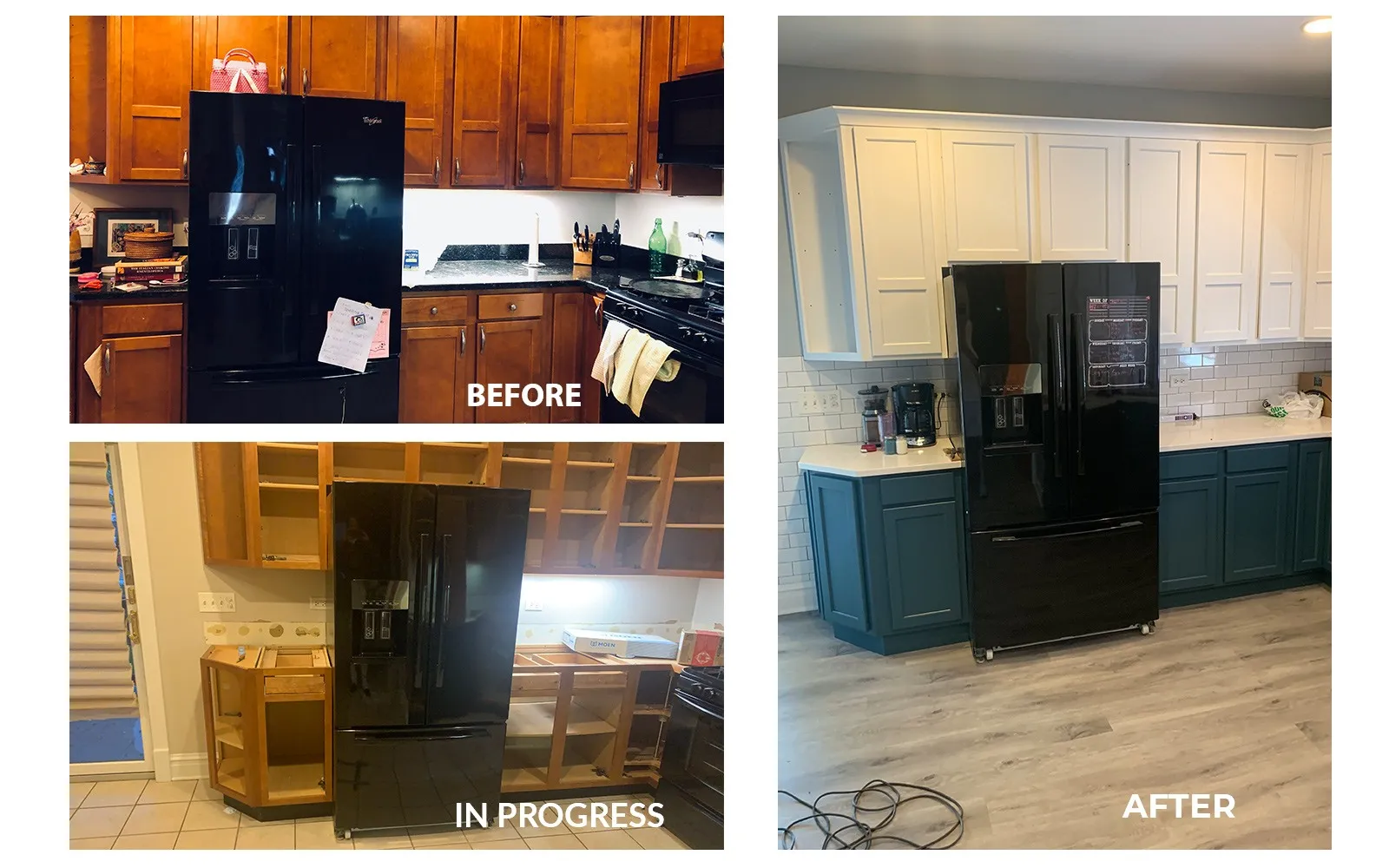 Kitchen before, during and after renovation with blue and white cabinets